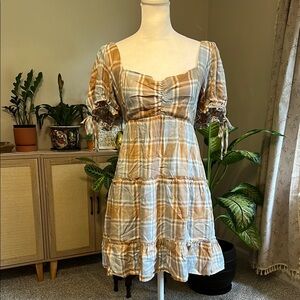 Show Me Your MuMu Tan and White Puff Sleeve Mini Sundress